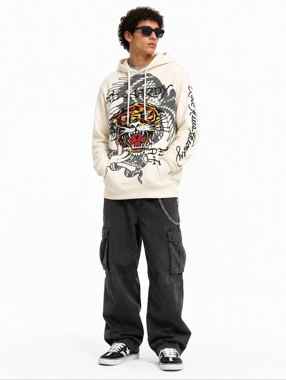 Ed Hardy Tiger Graphic Hoodie Cream Fleece Pullover Y2K Streetwear Size M NWT